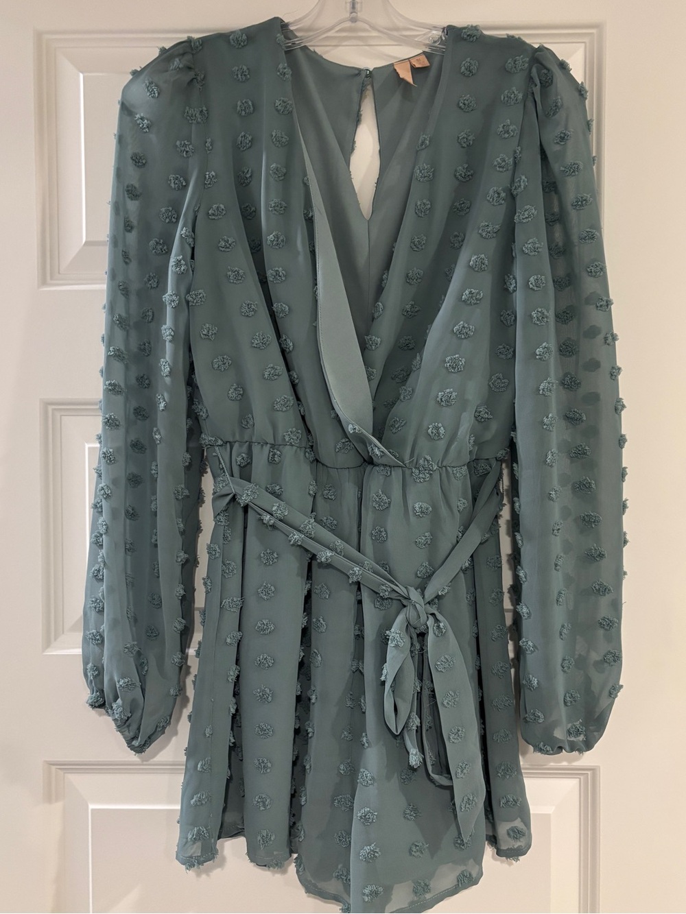 Textured Floral Dot Wrap Romper in Dusty Sage